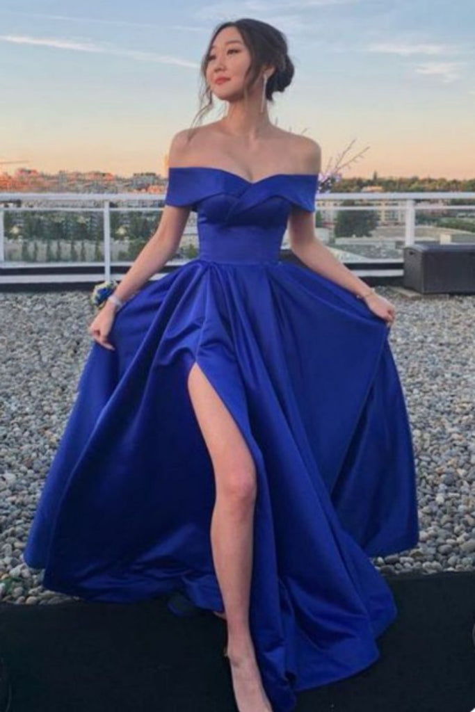 Elegant Blue Strapless Side Slit Off Shoulder A-line Long Party Dress Prom Dresses,MB1069