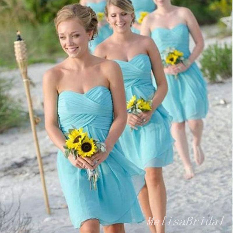 Elegant Unique A-line Tulle Strapless Sweetheart Short Bridesmaid Dresses,BD195