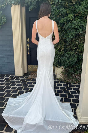 White Plunging Mermaid Beaded Evening Gown Maxi Long Evening Party Prom Dresses With Trailing,MB687