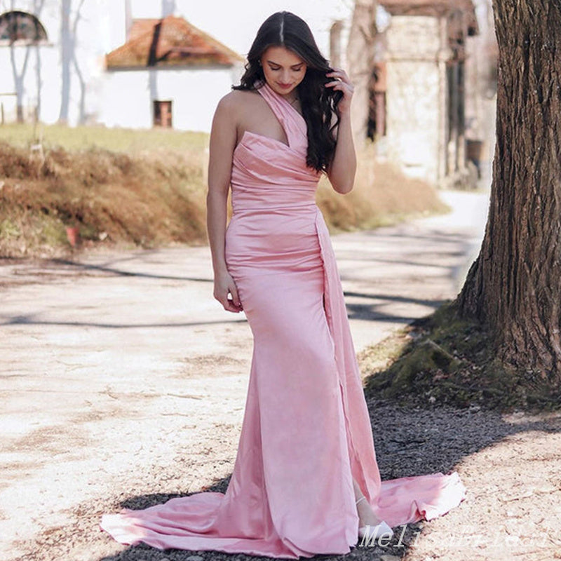 Stylish Pink One Shoulder Mermaid Long Bridesmaid Dresses ,BD246