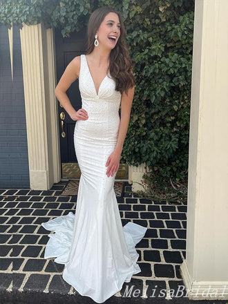 White Plunging Mermaid Beaded Evening Gown Maxi Long Evening Party Prom Dresses With Trailing,MB687