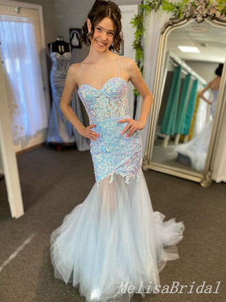 Shiny Blue Spaghetti Straps Sweetheart Mermaid Long Prom Dresses to Impress ,MB935