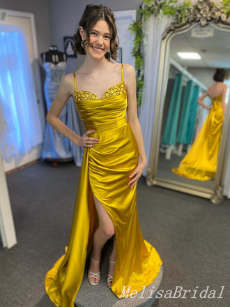 Sexy Gold Spaghetti Straps Sweetheart Mermaid Long Prom Dresses to Impress ,MB936