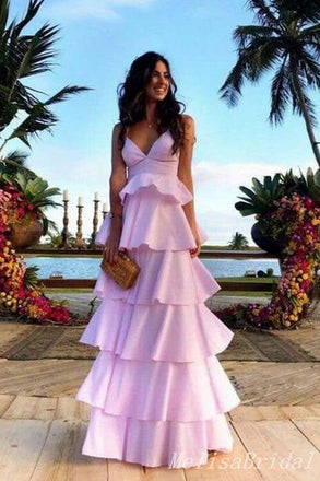 Light Pink V Neck Tiered A-line Evening Gown Long Evening Party Prom Dresses,MB873