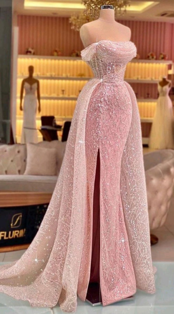 Shiny Pink Off Shoulder Mermaid Side Slit Long Party Dress Prom Dresses,MB1072