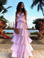 Light Pink V Neck Tiered A-line Evening Gown Long Evening Party Prom Dresses,MB873