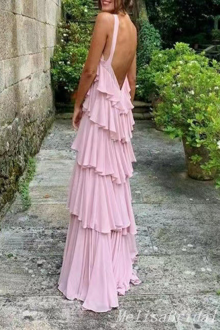 Light Pink Halter Tiered A-line Evening Gown Long Evening Party Prom Dresses,MB874