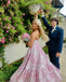 Floral Pink Strapless  Sweetheart A-line Long Prom Gown  ,MB10991