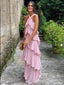 Light Pink Halter Tiered A-line Evening Gown Long Evening Party Prom Dresses,MB874