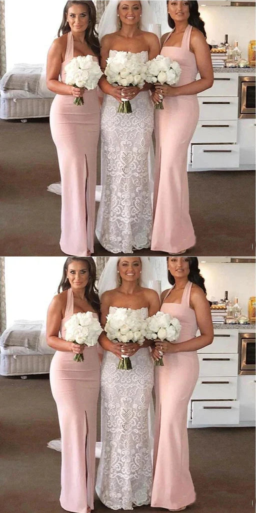 Elegant Pink Halter Side Slit Simple Cheap Mermaid Long Bridesmaid Dresses ,BD137