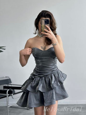 Elegant Grey Ruffles Pleats Mermaid Cheap Simple Short Homecoming Dresses, HD71