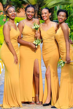 Elegant Yellow Spaghetti Straps Soft Satin Side Slit Mermaid Long Cheap Bridesmaid Dresses ,BD68