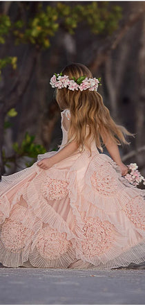 Elegant Light Pink Ruffle Tulle A- Line Cheap Long Flower Girl Dresses ,FG33