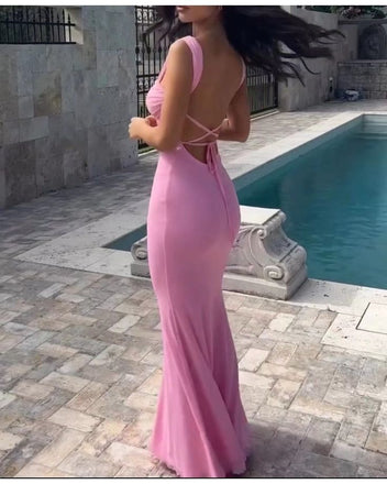 Elegant Pink Spaghetti Straps Pleats Mermaid Sleeveless Cheap Simple Evening Prom Dresses,MB159