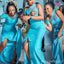 One Shoulder Blue Mermaid Illusion Long Bridesmaid Dresses with Side Slit,BD230