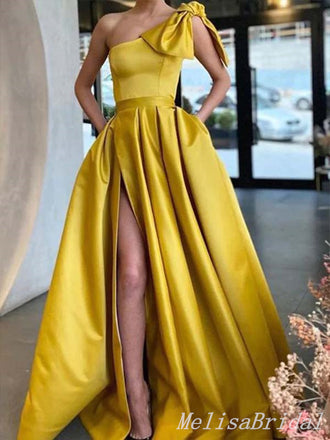 Sexy A-line Yellow Strapless Bow Knot Evening Gown Long Prom Dresses with Pleats,MB293