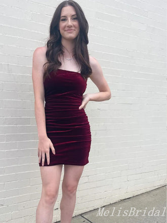 Sexy Burgundy Mermaid Simple Open Back Short Homecoming Dresses Tight , HD294