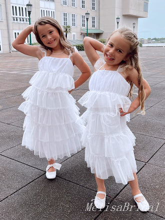 Cute White Spaghetti Straps Ruffles A- Line Long Sleeveless Tulle Simple Cheap Flower Girl Dresses ,FG19