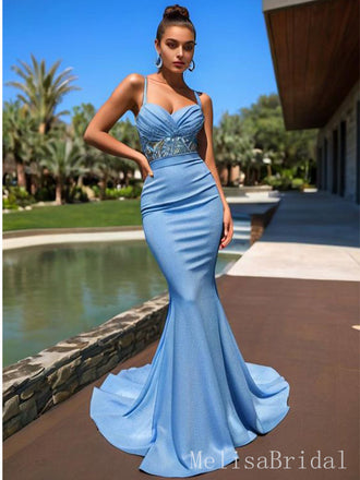Sexy Blue Spaghetti Straps Mermaid Side Slit Pleats Long Evening Prom Dresses,MB09