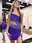 Elegant Dark Purple Sequin One Shoulder Beading Side Slit Cheap Simple Short Homecoming Dresses, HD89