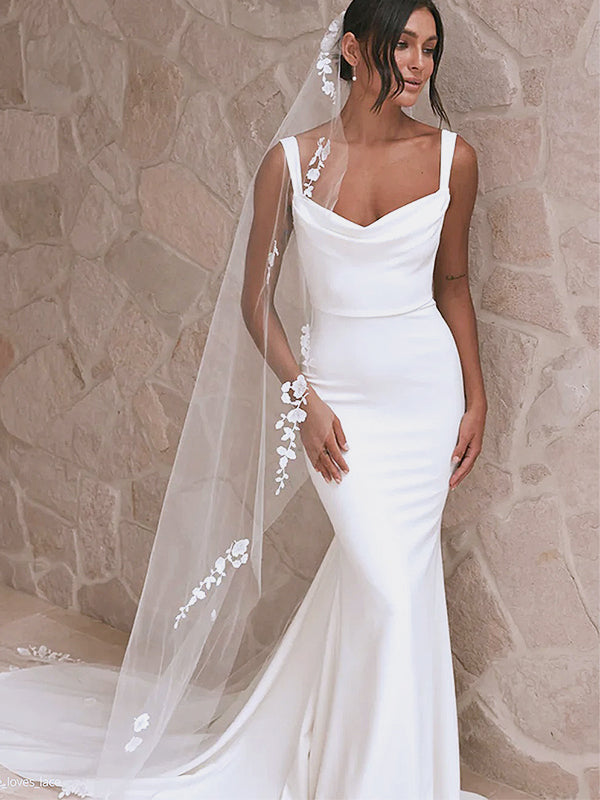 Elegant White Satin Spaghetti straps Mermaid V Neck Wedding Dresses, WD28