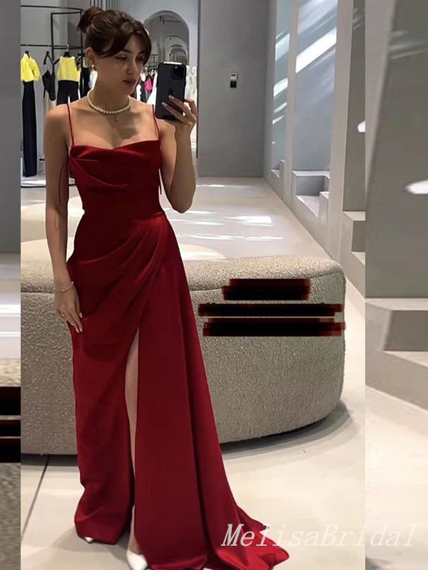 Gorgeous Burgundy Spaghetti Straps Straight Neck Sheath Long Prom Dresses to Impress with Slit ,MB942