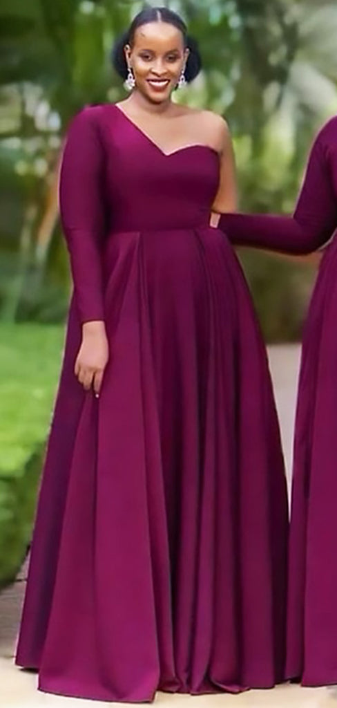 Elegant Wine Red One Shoulder Simple Cheap A-Line Long Bridesmaid Dresses ,BD127