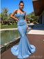 Sexy Blue Spaghetti Straps Mermaid Side Slit Pleats Long Evening Prom Dresses,MB09