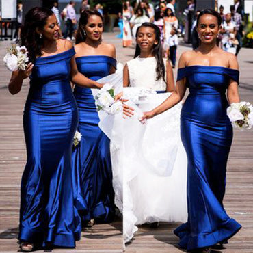 Elegant Royal Blue Off Shoulder Simple Cheap Mermaid Long Bridesmaid Dresses ,BD157
