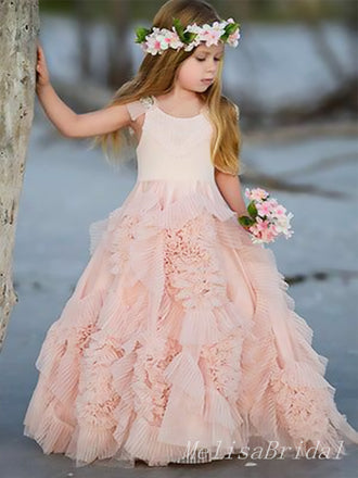 Elegant Light Pink Ruffle Tulle A- Line Cheap Long Flower Girl Dresses ,FG33