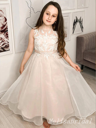 Elegant White Tulle Lace Appliques A-Line Cheap Simple Long Flower Girl Dresses,FG54