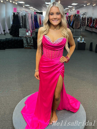 Strapless Sweetheart Sheath Beaded Evening Gown Maxi Long Formal Dresses Prom Dresses With Side Slit,MB547