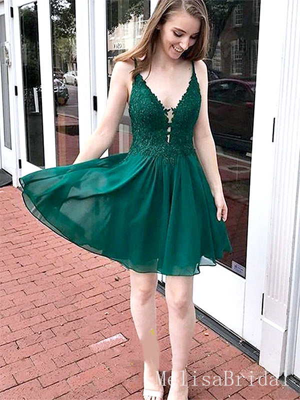 Elegant green Spaghetti Straps Appliques Lace V Neck Short Homecoming Dresses, HD38