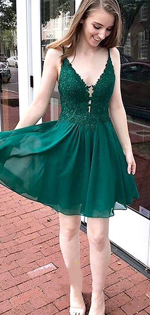 Elegant green Spaghetti Straps Appliques Lace V Neck Short Homecoming Dresses, HD38