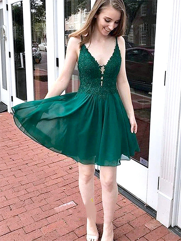 Elegant green Spaghetti Straps Appliques Lace V Neck Short Homecoming Dresses, HD38