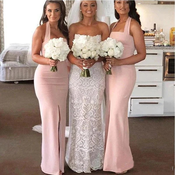 Elegant Pink Halter Side Slit Simple Cheap Mermaid Long Bridesmaid Dresses ,BD137