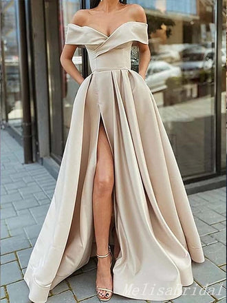 Sexy Plunging Off-the-shoulder High Slit Tulle A-line Evening Gown Long Prom Dresses with Pleats,MB311