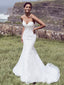 Elegant White V Neck Lace Appliques Tulle Mermaid Long Wedding Dresses,WD45