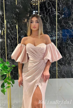 Sexy Off-the-shoulder Sweetheart High Slit Mermaid Pink Evening Gown Long Formal Dresses Prom Dresses with Bubble Sleeves ,MB351