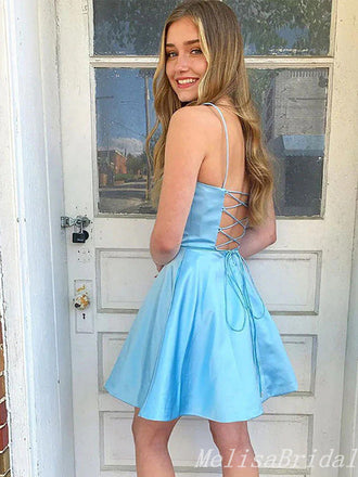 Simple Blue Spaghetti Straps A-Line Lace Up Back Graduation Party Homecoming Dresses , HD357
