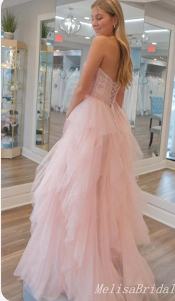 Elegant Cute Light Pink Strapless A-Line Layer Tulle Fluffy Evening Gown Long Formal Dresses Prom Dresses,MB408