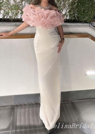 Gorgeous Pearl Pink Ruffles Off the Shoulder Sheath Long Prom Dresses to Impress ,MB943