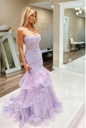 Sexy Strapless Tiered Tulle Lace Appliques Evening Gown Long Prom Dresses,MB218