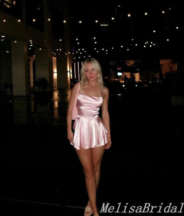 A-Line Pink Spaghetti Straps Lace Up Back Graduation Party Short Homecoming Dresses , HD368