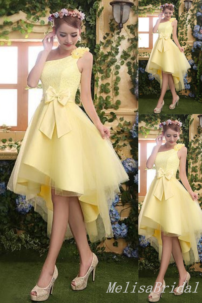 Light Yellow One Shoulder Lace Appliques Graduation Party Short Homecoming Dresses with Bow Knot, HD460