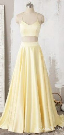Two Pieces Halter A-Line Light Yellow Evening Ball Gown Maxi Long Formal Dresses Prom Dresses With Pleats,MB577