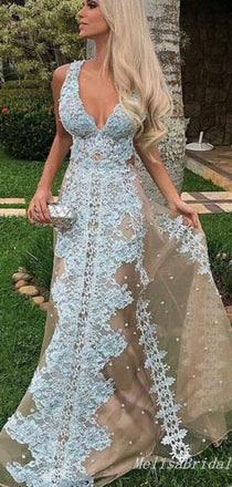 Sexy Elegant Plunging Lace Appliques A-Line Evening Gown Maxi Long Formal Dresses Prom Dresses,MB430