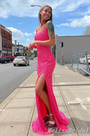 Sparkle Hot Pink Lace up Back Spaghetti Straps Mermaid Evening Gown Long Evening Party Prom Dresses with Slit  ,MB876