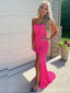 Sparkle Hot Pink Lace up Back Spaghetti Straps Mermaid Evening Gown Long Evening Party Prom Dresses with Slit  ,MB876