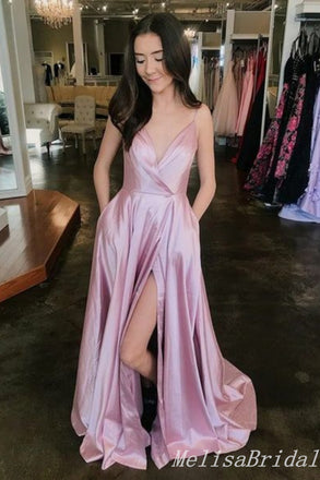 Pink Spaghetti Straps A-Line Evening Gown Maxi Long Evening Party Prom Dresses With Side Slit,MB689